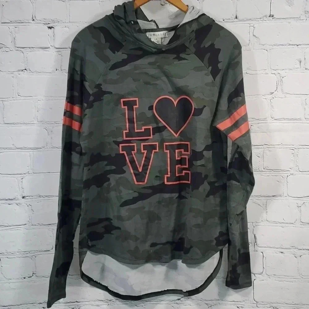 Eye Candy High Low Camouflage "Love" Hoodie Top Size L